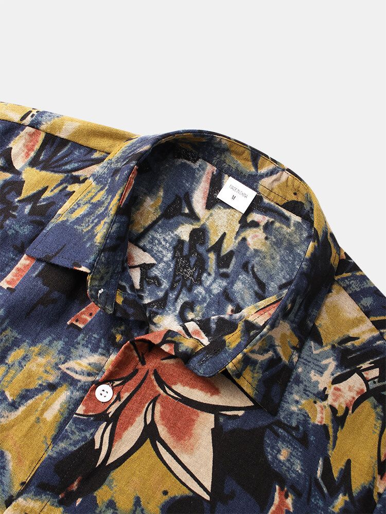 Camisa De Manga Corta Con Solapa Y Estampado Abstracto Vintage Con Estampado De Flores Para Hombre