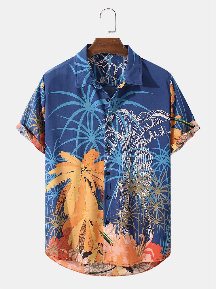 Camisa De Manga Corta Con Solapa Y Estampado De Árbol De Coco Para Hombre