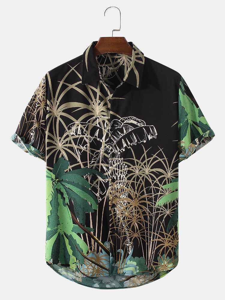 Camisa De Manga Corta Con Solapa Y Estampado De Árbol De Coco Para Hombre