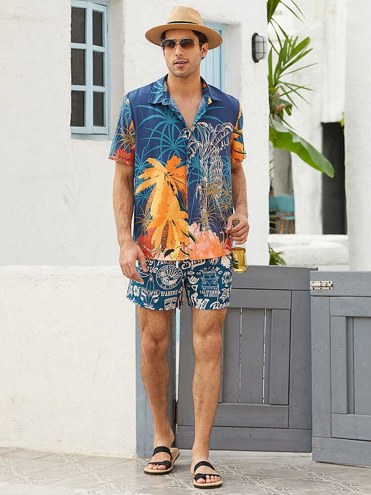 Camisa De Manga Corta Con Solapa Y Estampado De Árbol De Coco Para Hombre