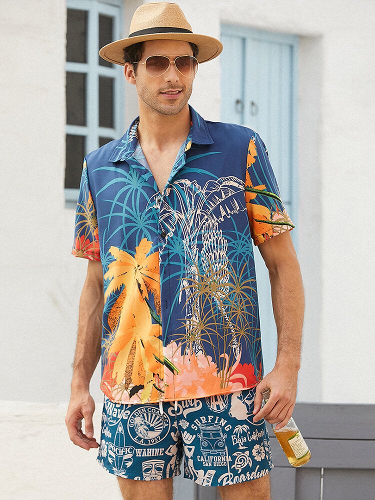 Camisa De Manga Corta Con Solapa Y Estampado De Árbol De Coco Para Hombre