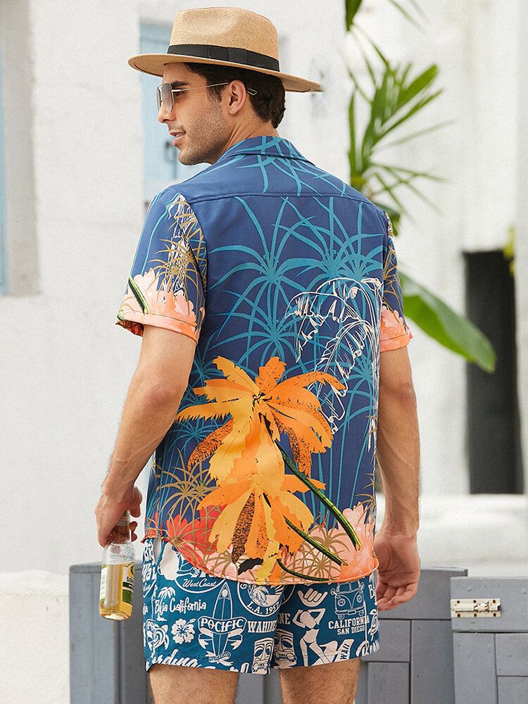 Camisa De Manga Corta Con Solapa Y Estampado De Árbol De Coco Para Hombre