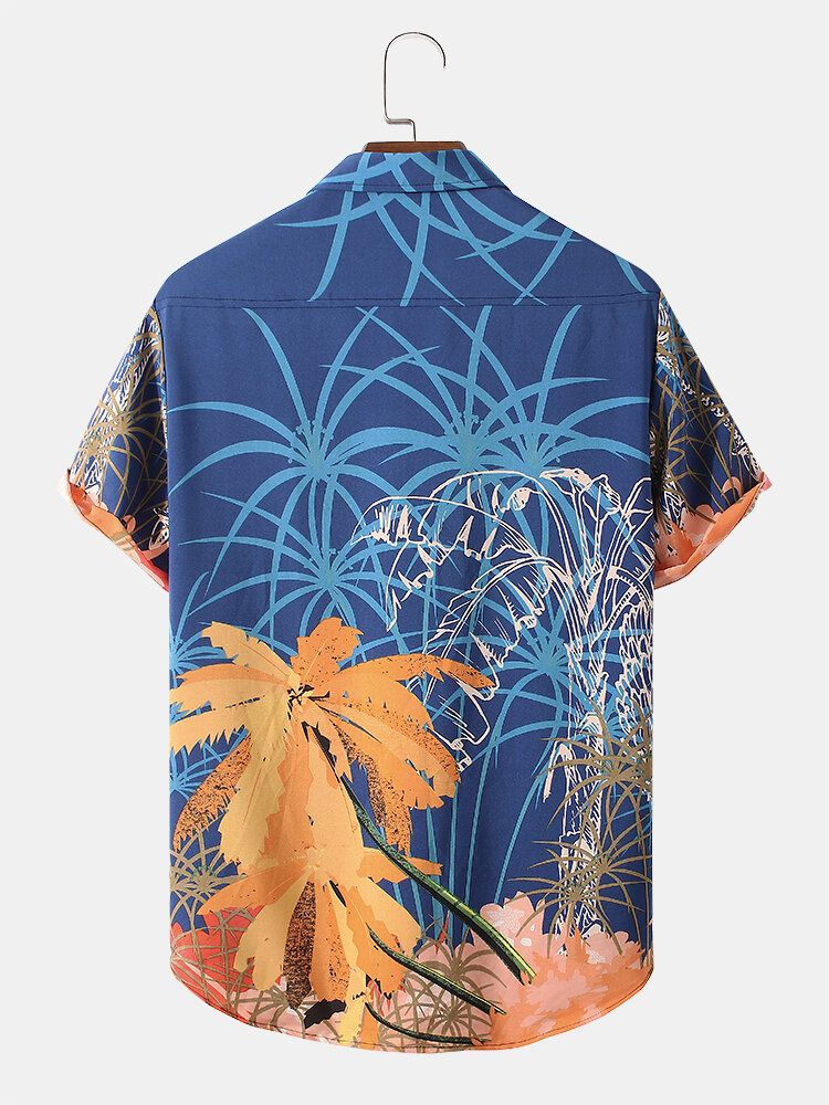 Camisa De Manga Corta Con Solapa Y Estampado De Árbol De Coco Para Hombre