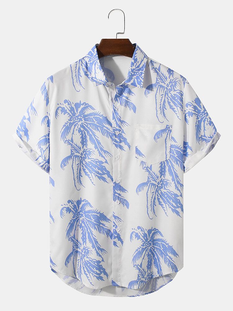 Camisa De Manga Corta Con Solapa Y Estampado De Árbol De Coco Para Hombre