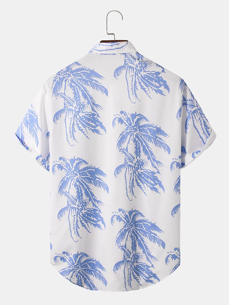 Camisa De Manga Corta Con Solapa Y Estampado De Árbol De Coco Para Hombre