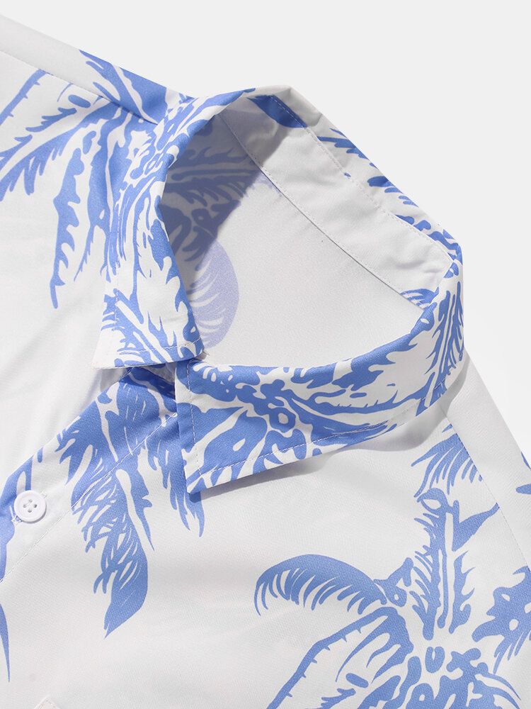 Camisa De Manga Corta Con Solapa Y Estampado De Árbol De Coco Para Hombre