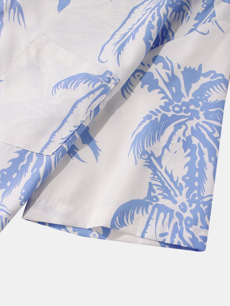 Camisa De Manga Corta Con Solapa Y Estampado De Árbol De Coco Para Hombre