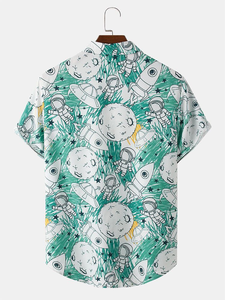 Camisa De Manga Corta Con Solapa Y Estampado De Astronauta De Dibujos Animados Para Hombre