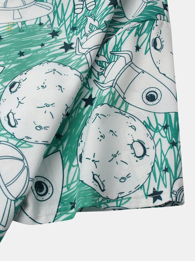 Camisa De Manga Corta Con Solapa Y Estampado De Astronauta De Dibujos Animados Para Hombre