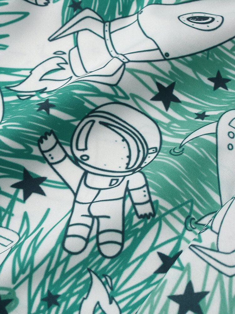 Camisa De Manga Corta Con Solapa Y Estampado De Astronauta De Dibujos Animados Para Hombre