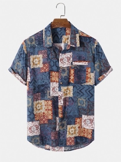 Camisa De Manga Corta Con Solapa Y Estampado De Bloques De Color De Algodón Para Hombre