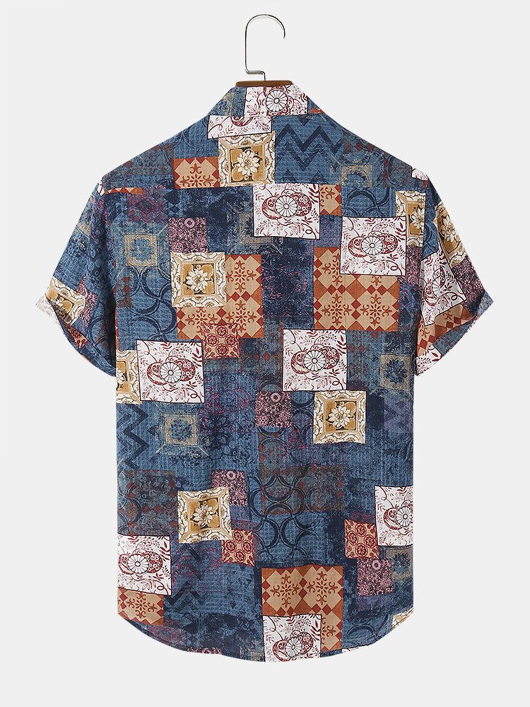 Camisa De Manga Corta Con Solapa Y Estampado De Bloques De Color De Algodón Para Hombre