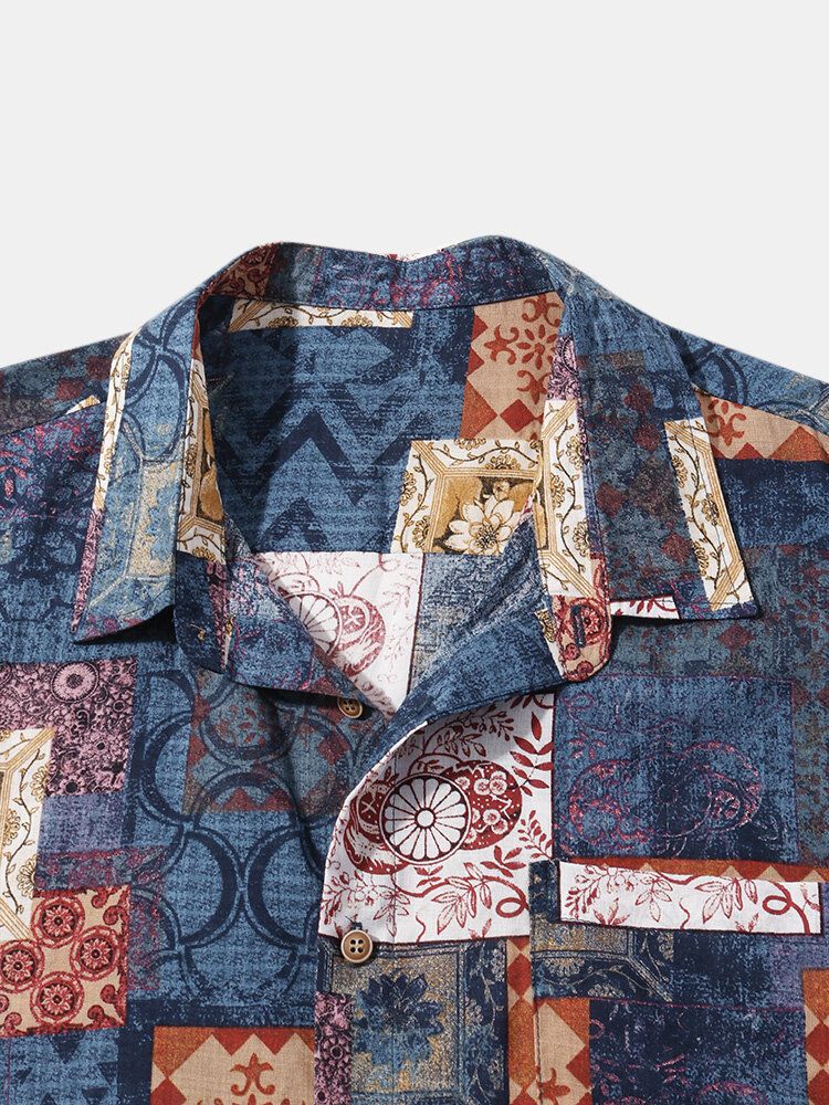 Camisa De Manga Corta Con Solapa Y Estampado De Bloques De Color De Algodón Para Hombre