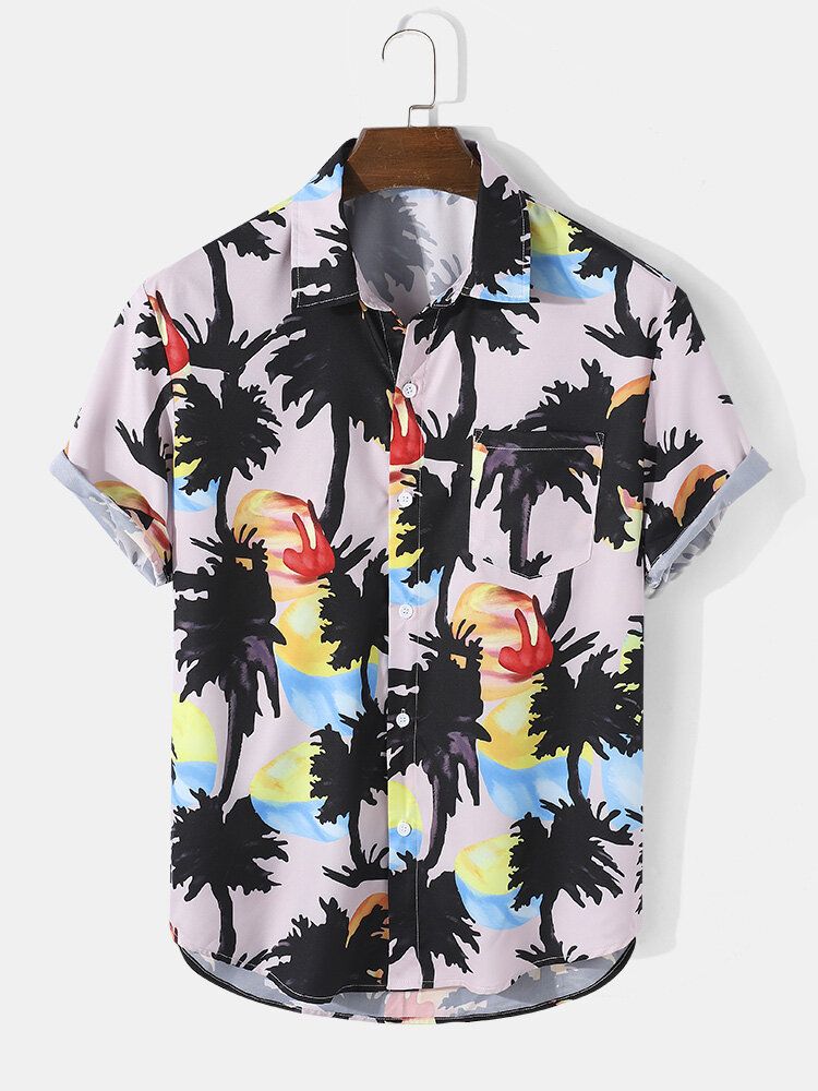 Camisa De Manga Corta Con Solapa Y Estampado Coconut Grove De Pintura De Acuarela Para Hombre