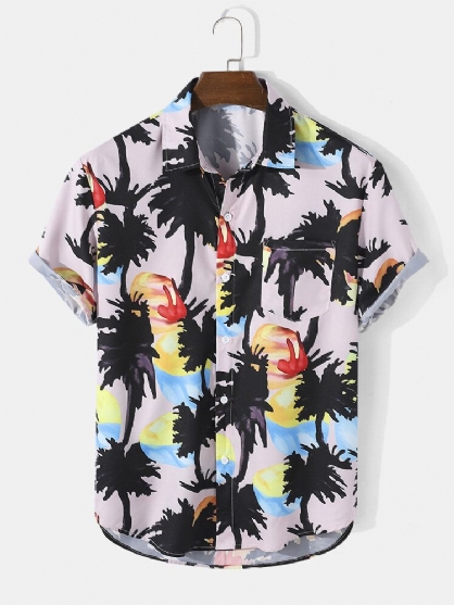 Camisa De Manga Corta Con Solapa Y Estampado Coconut Grove De Pintura De Acuarela Para Hombre