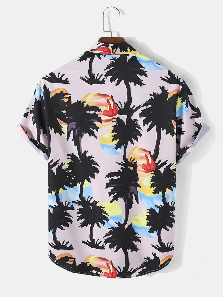 Camisa De Manga Corta Con Solapa Y Estampado Coconut Grove De Pintura De Acuarela Para Hombre