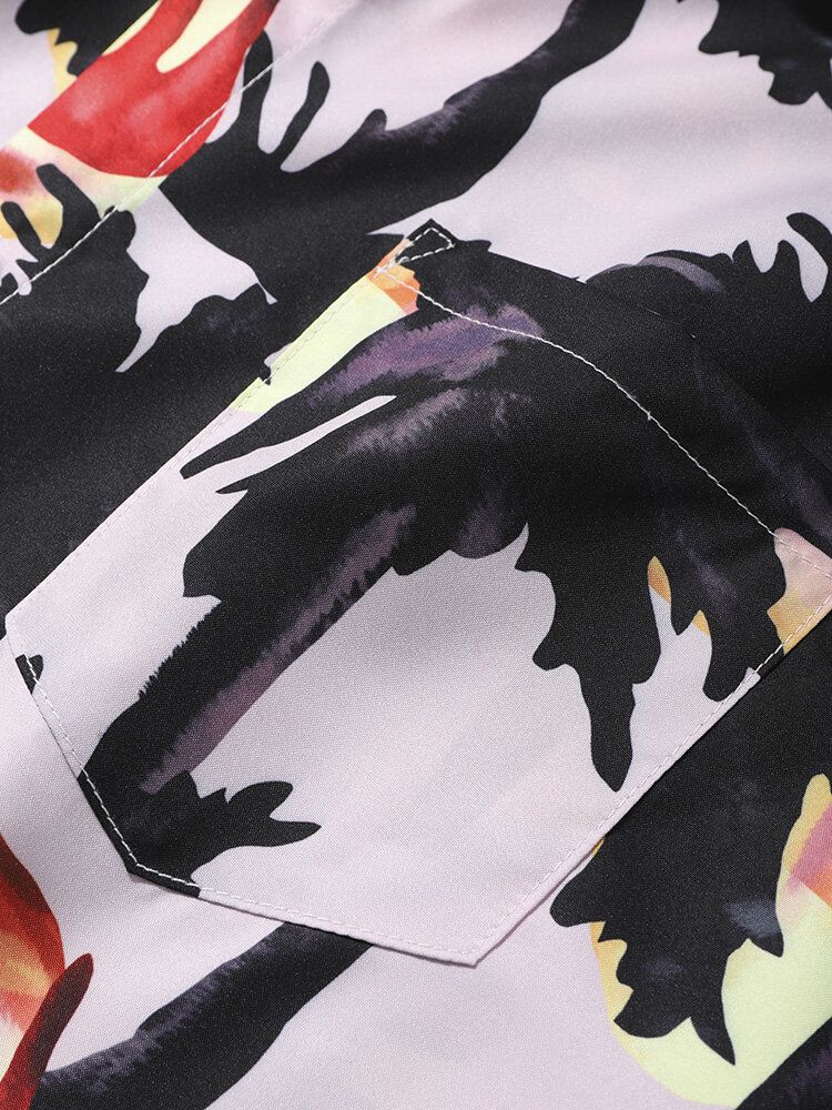 Camisa De Manga Corta Con Solapa Y Estampado Coconut Grove De Pintura De Acuarela Para Hombre