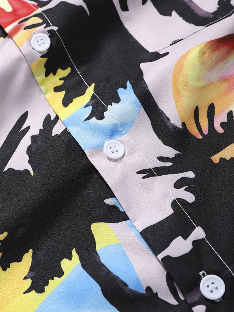 Camisa De Manga Corta Con Solapa Y Estampado Coconut Grove De Pintura De Acuarela Para Hombre