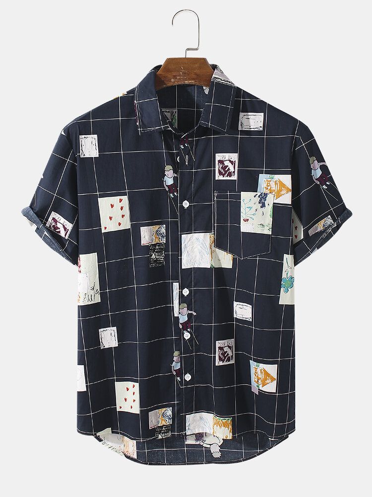 Camisa De Manga Corta Con Solapa Y Estampado De Cuadros De Dibujos Animados Para Hombre