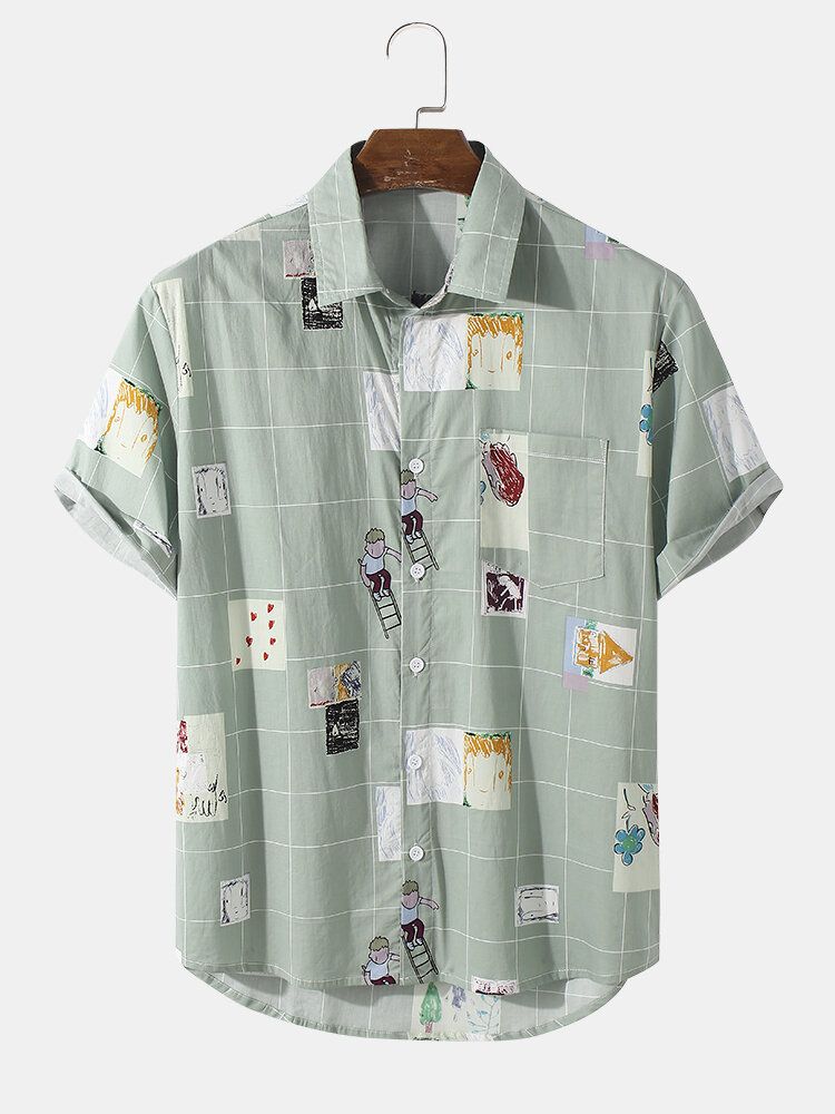 Camisa De Manga Corta Con Solapa Y Estampado De Cuadros De Dibujos Animados Para Hombre