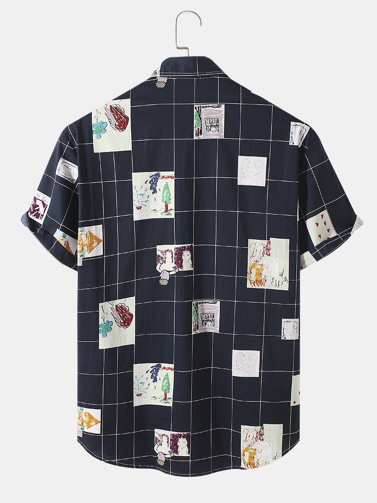 Camisa De Manga Corta Con Solapa Y Estampado De Cuadros De Dibujos Animados Para Hombre