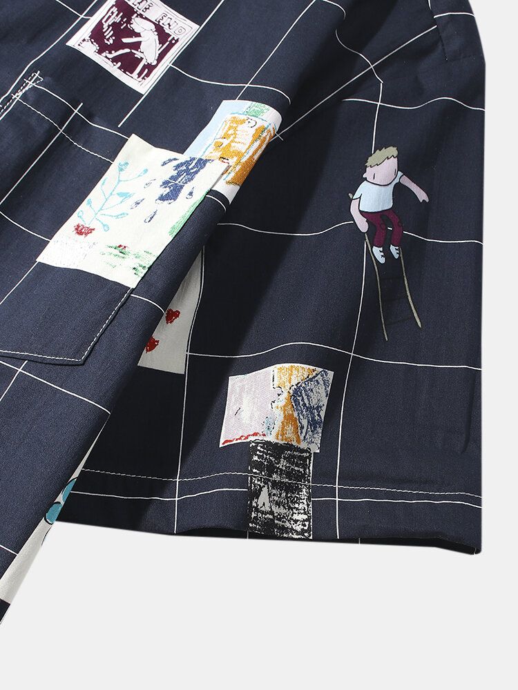 Camisa De Manga Corta Con Solapa Y Estampado De Cuadros De Dibujos Animados Para Hombre