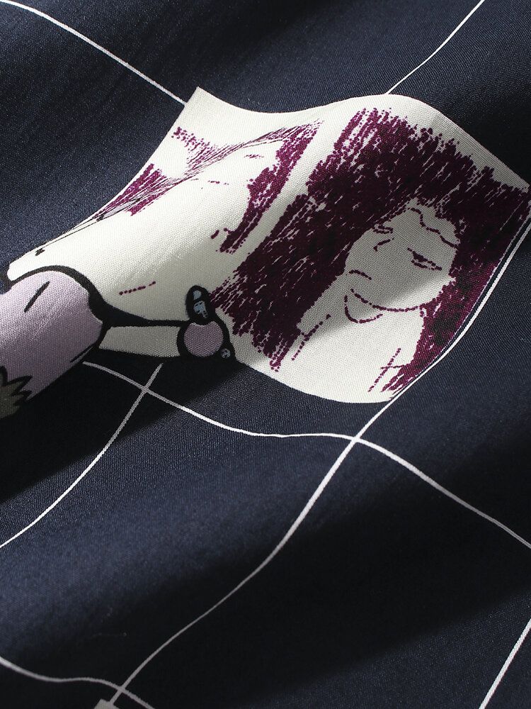 Camisa De Manga Corta Con Solapa Y Estampado De Cuadros De Dibujos Animados Para Hombre