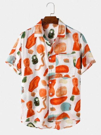 Camisa De Manga Corta Con Solapa Y Estampado De Dibujos Animados En Bloques De Color 100% Algodón Para Hombre