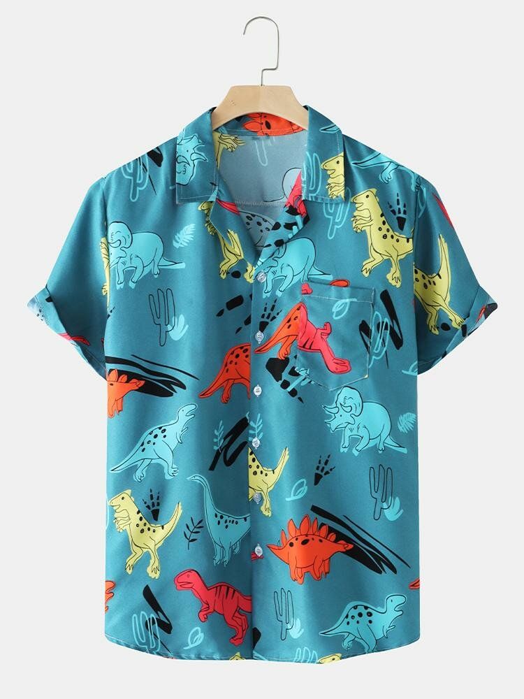 Camisa De Manga Corta Con Solapa Y Estampado De Dinosaurio De Dibujos Animados De Algodón Para Hombre