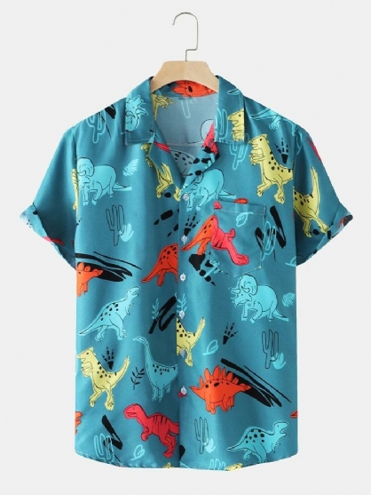 Camisa De Manga Corta Con Solapa Y Estampado De Dinosaurio De Dibujos Animados De Algodón Para Hombre