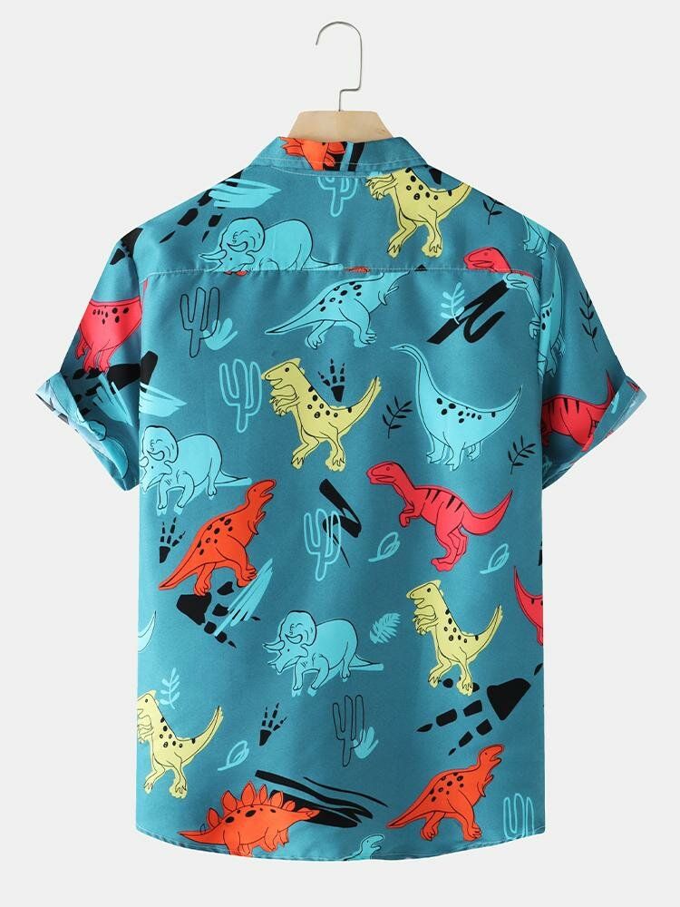 Camisa De Manga Corta Con Solapa Y Estampado De Dinosaurio De Dibujos Animados De Algodón Para Hombre