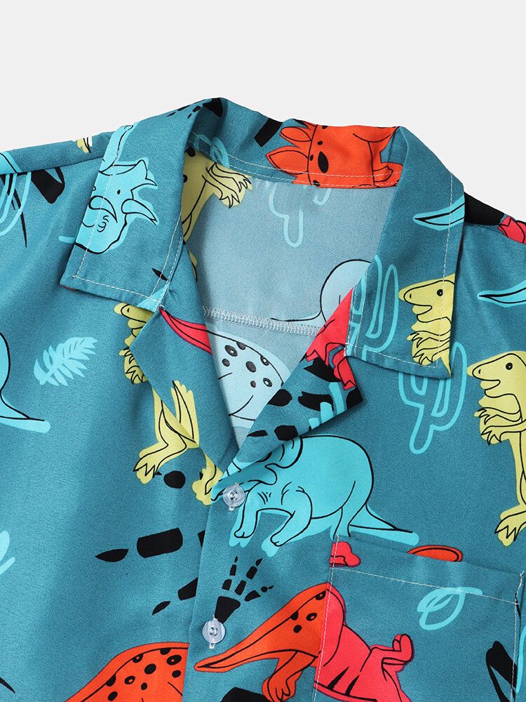 Camisa De Manga Corta Con Solapa Y Estampado De Dinosaurio De Dibujos Animados De Algodón Para Hombre