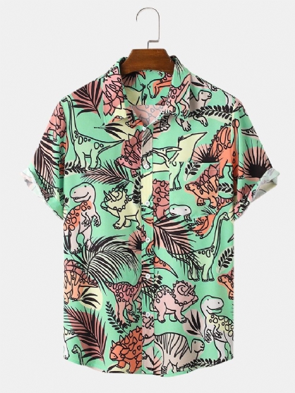 Camisa De Manga Corta Con Solapa Y Estampado De Dinosaurio De Dibujos Animados Para Hombre