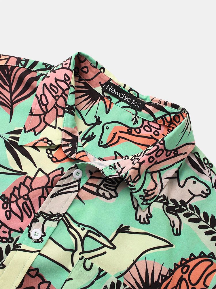 Camisa De Manga Corta Con Solapa Y Estampado De Dinosaurio De Dibujos Animados Para Hombre