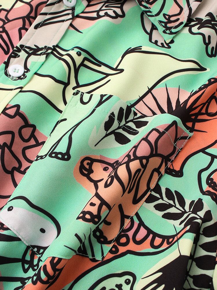 Camisa De Manga Corta Con Solapa Y Estampado De Dinosaurio De Dibujos Animados Para Hombre