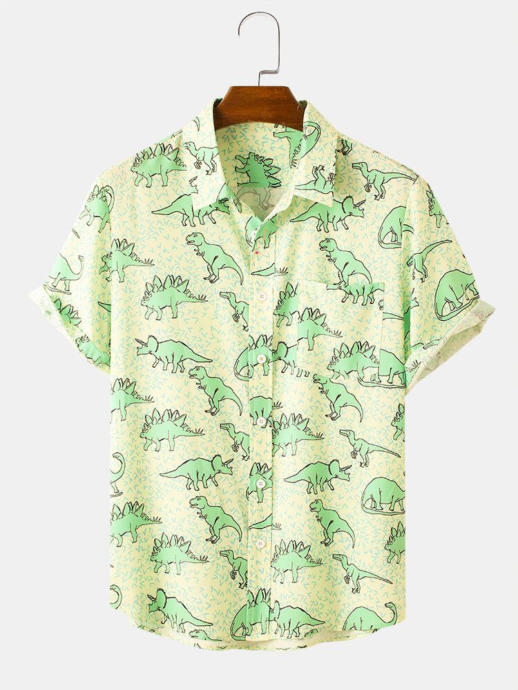 Camisa De Manga Corta Con Solapa Y Estampado De Dinosaurio De Dibujos Animados Para Hombre