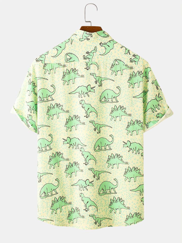 Camisa De Manga Corta Con Solapa Y Estampado De Dinosaurio De Dibujos Animados Para Hombre