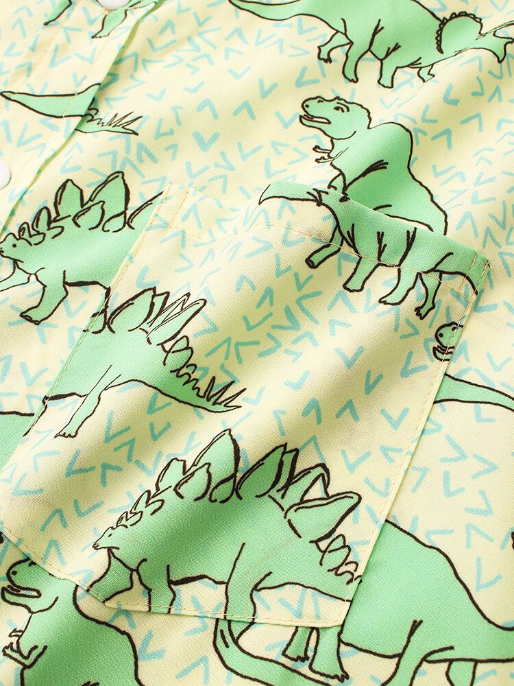 Camisa De Manga Corta Con Solapa Y Estampado De Dinosaurio De Dibujos Animados Para Hombre