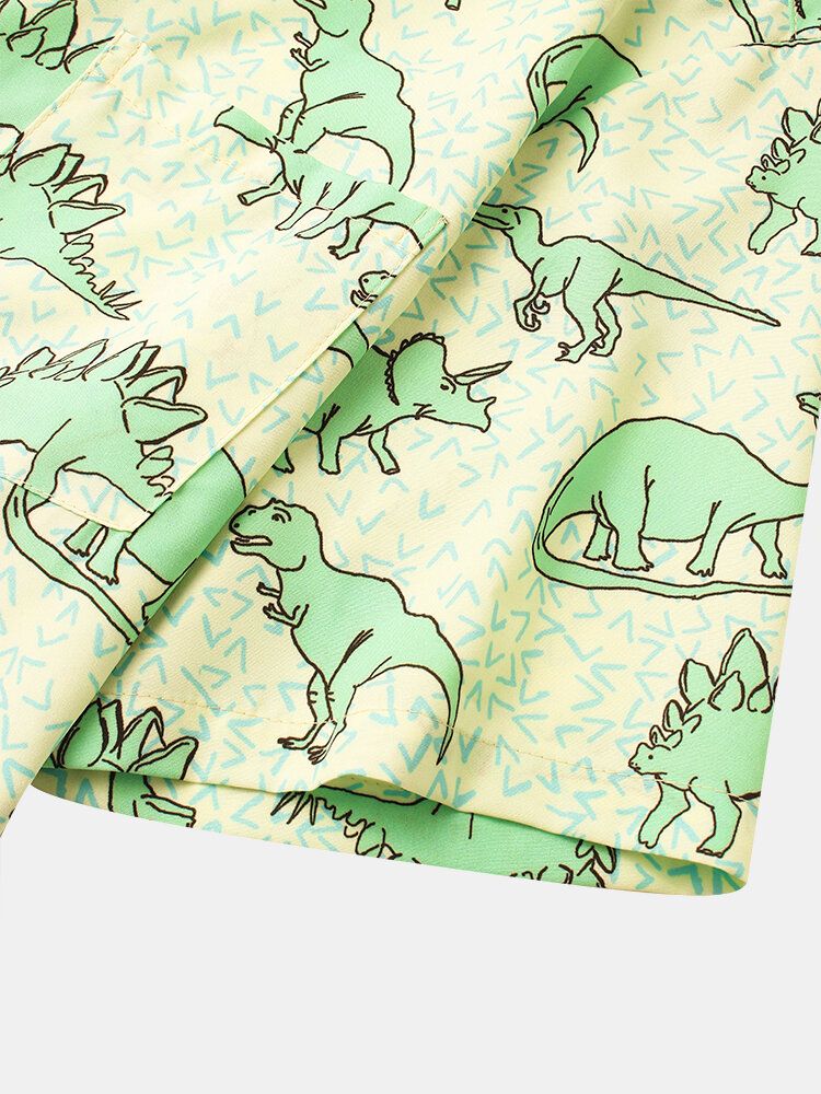 Camisa De Manga Corta Con Solapa Y Estampado De Dinosaurio De Dibujos Animados Para Hombre