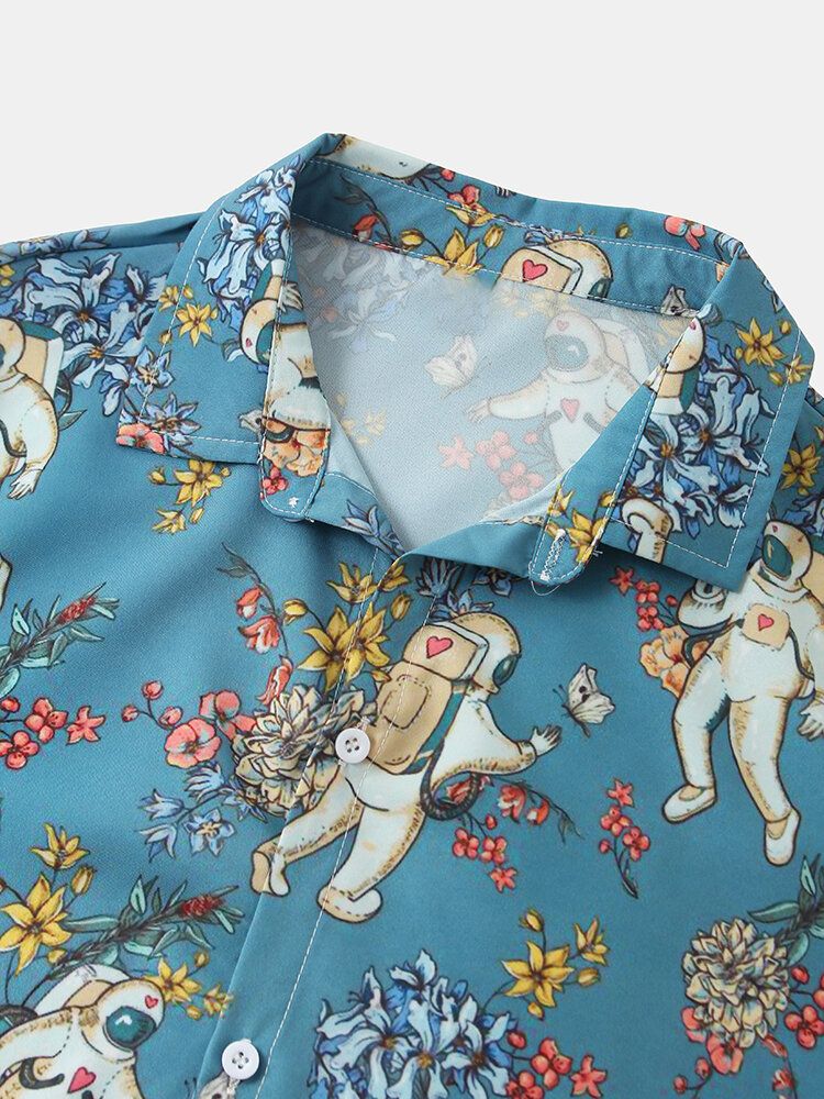 Camisa De Manga Corta Con Solapa Y Estampado De Flores Y Astronautas Para Hombre