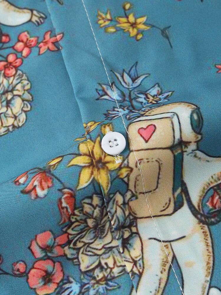 Camisa De Manga Corta Con Solapa Y Estampado De Flores Y Astronautas Para Hombre