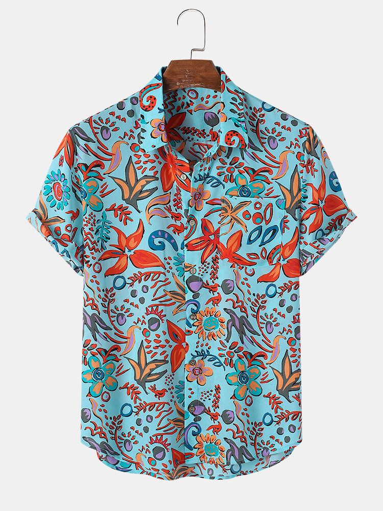 Camisa De Manga Corta Con Solapa Y Estampado De Flores Para Hombre