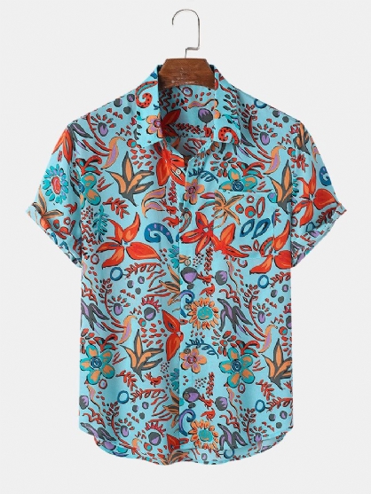 Camisa De Manga Corta Con Solapa Y Estampado De Flores Para Hombre