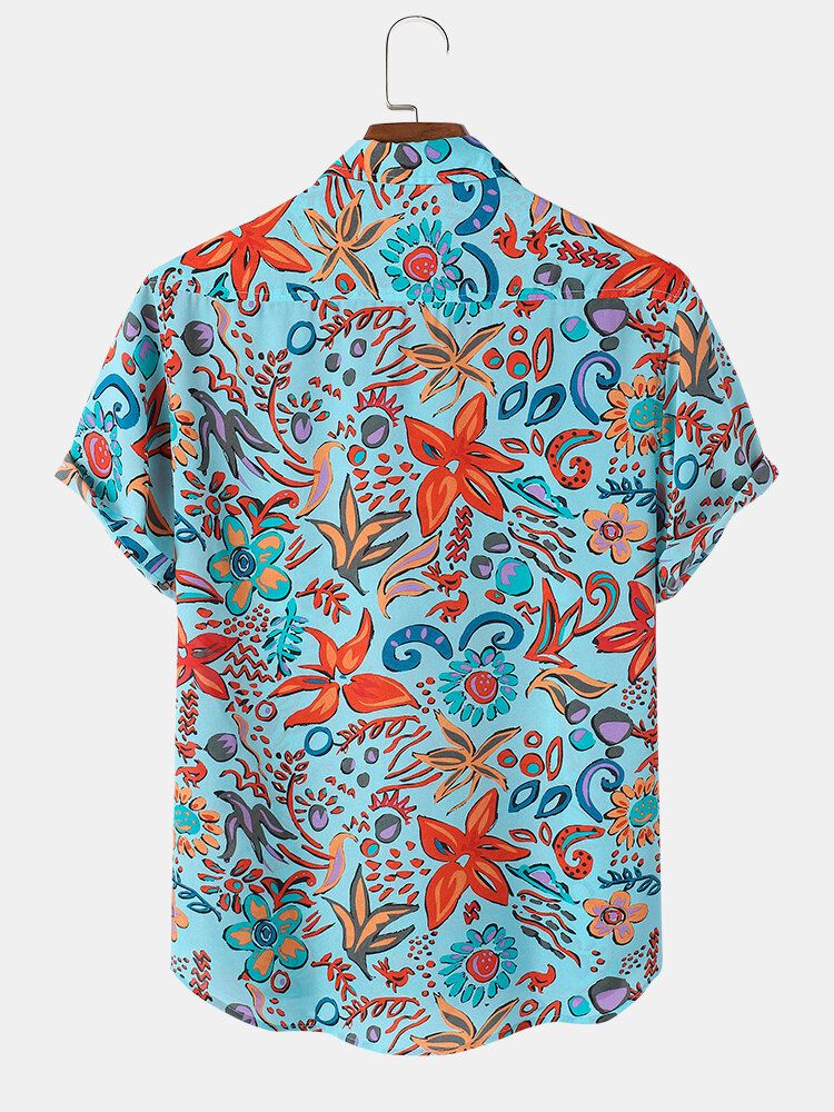 Camisa De Manga Corta Con Solapa Y Estampado De Flores Para Hombre