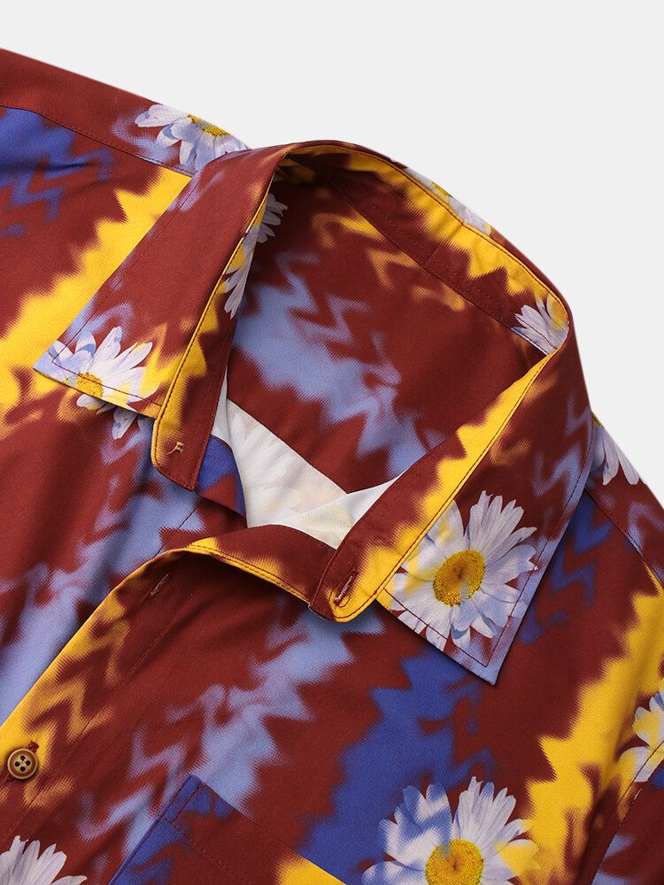 Camisa De Manga Corta Con Solapa Y Estampado De Flores Para Hombre