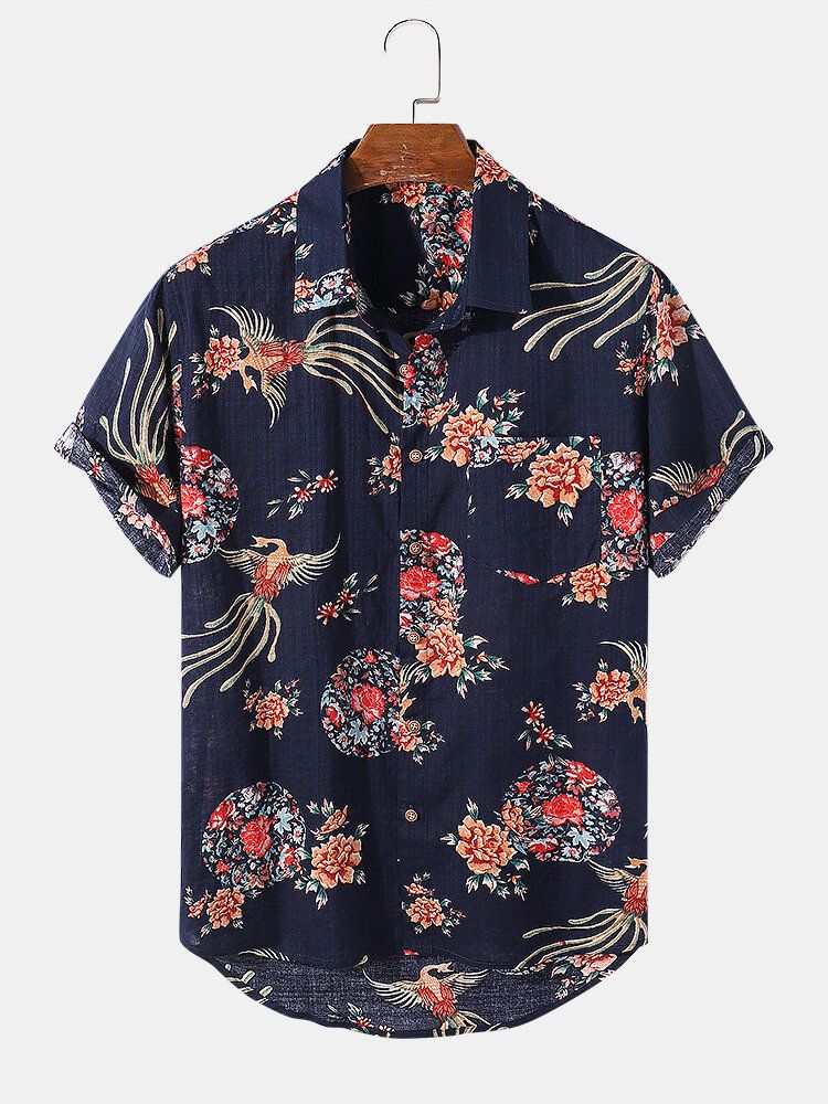 Camisa De Manga Corta Con Solapa Y Estampado De Flores Vintage 100% Algodón Para Hombre