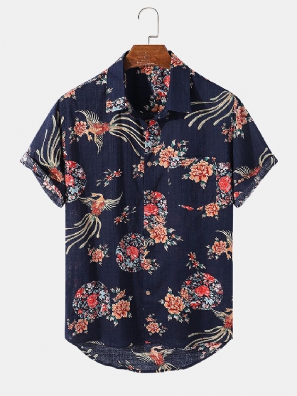 Camisa De Manga Corta Con Solapa Y Estampado De Flores Vintage 100% Algodón Para Hombre