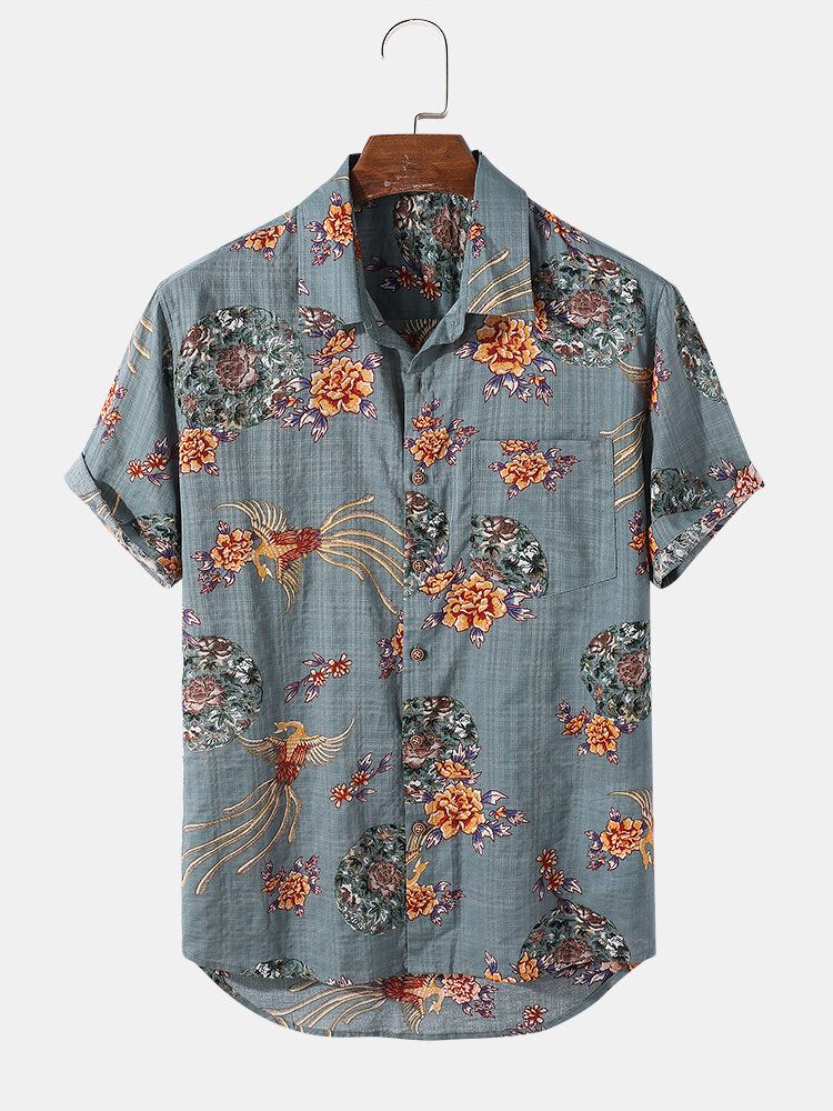 Camisa De Manga Corta Con Solapa Y Estampado De Flores Vintage 100% Algodón Para Hombre