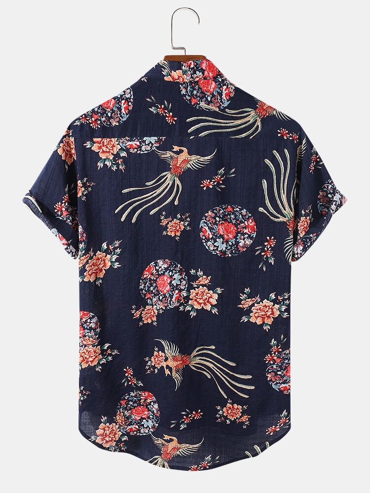 Camisa De Manga Corta Con Solapa Y Estampado De Flores Vintage 100% Algodón Para Hombre