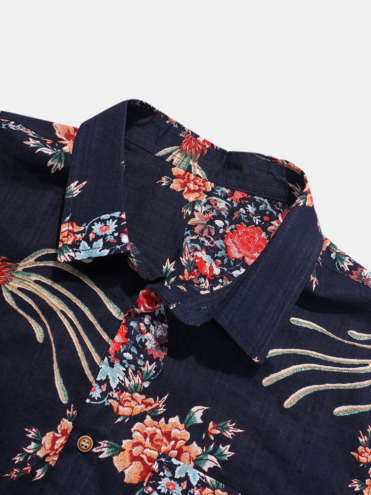 Camisa De Manga Corta Con Solapa Y Estampado De Flores Vintage 100% Algodón Para Hombre